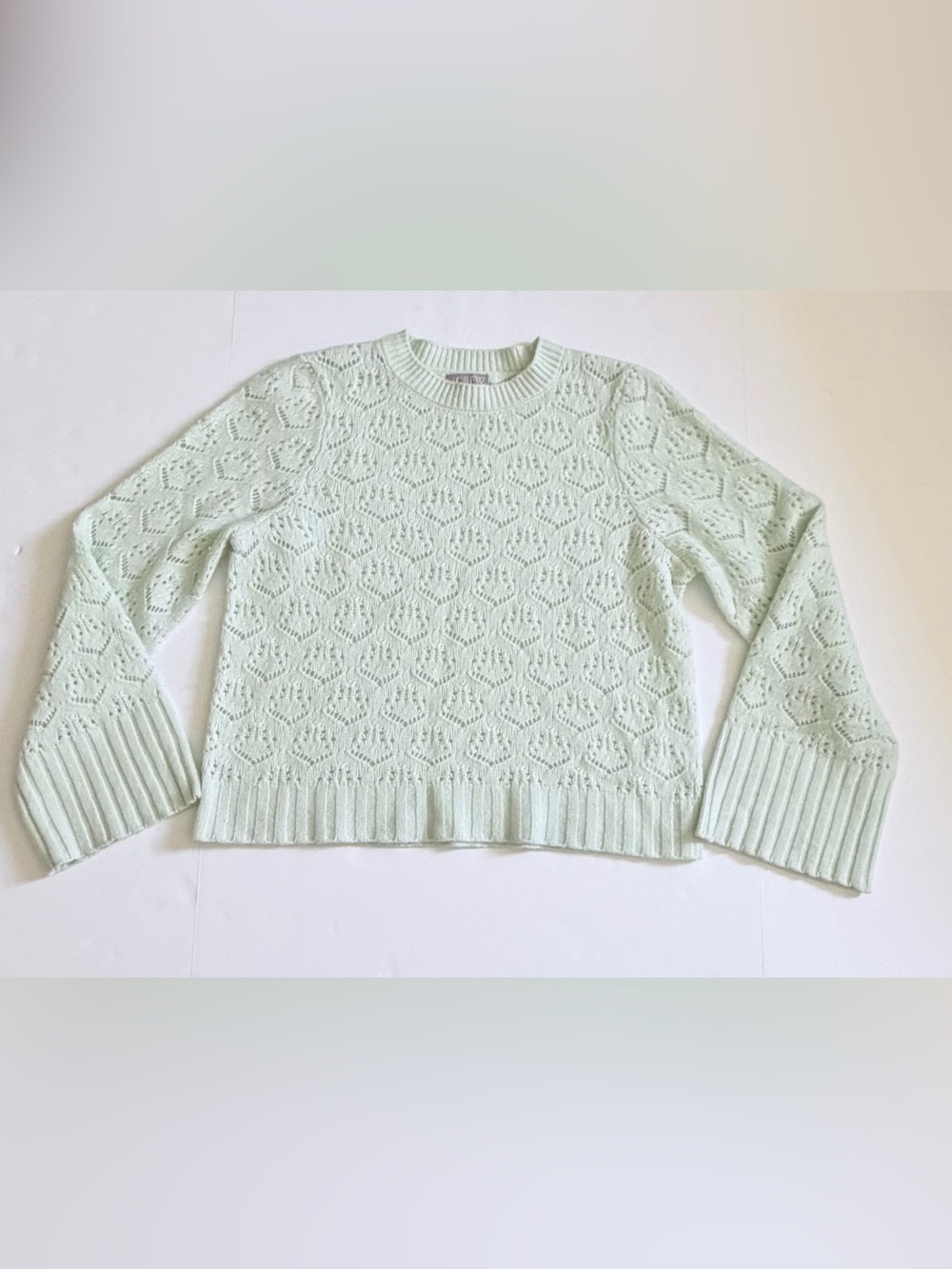 J.Crew 100% Merino Wool Pointelle Knit Sweater Mint Green Wide Sleeves Large